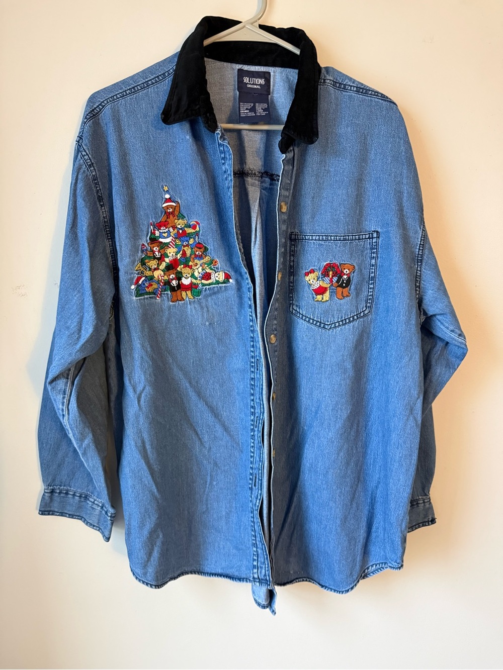Vintage Denim Button Front Shirt Embroidered Holiday Christmas Teddy Bears L